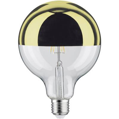 Glühbirne mit goldenem Halbmantel, klarer Glasbereich darunter und sichtbarem Glühfaden.