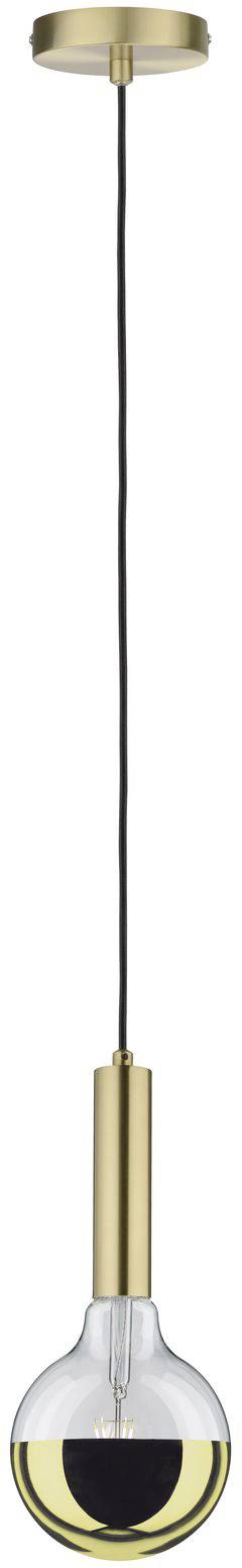 Eine moderne Hängeleuchte mit einer gläsernen Kugelform und goldenen Akzenten hängt von einem schwarzen Kabel an einer goldenen Deckenhalterung.