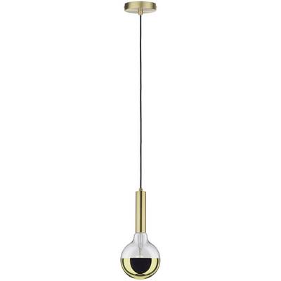 Eine moderne Hängeleuchte mit einer gläsernen Kugelform und goldenen Akzenten hängt von einem schwarzen Kabel an einer goldenen Deckenhalterung.