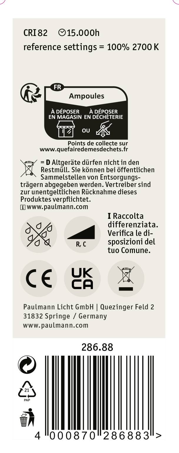 'Etikett eines Lampenprodukts mit technischen Spezifikationen: CRI 82, 15.000h Lebensdauer, 100% 2700K Kelvin, Entsorgungshinweis, Herstellerangaben.'