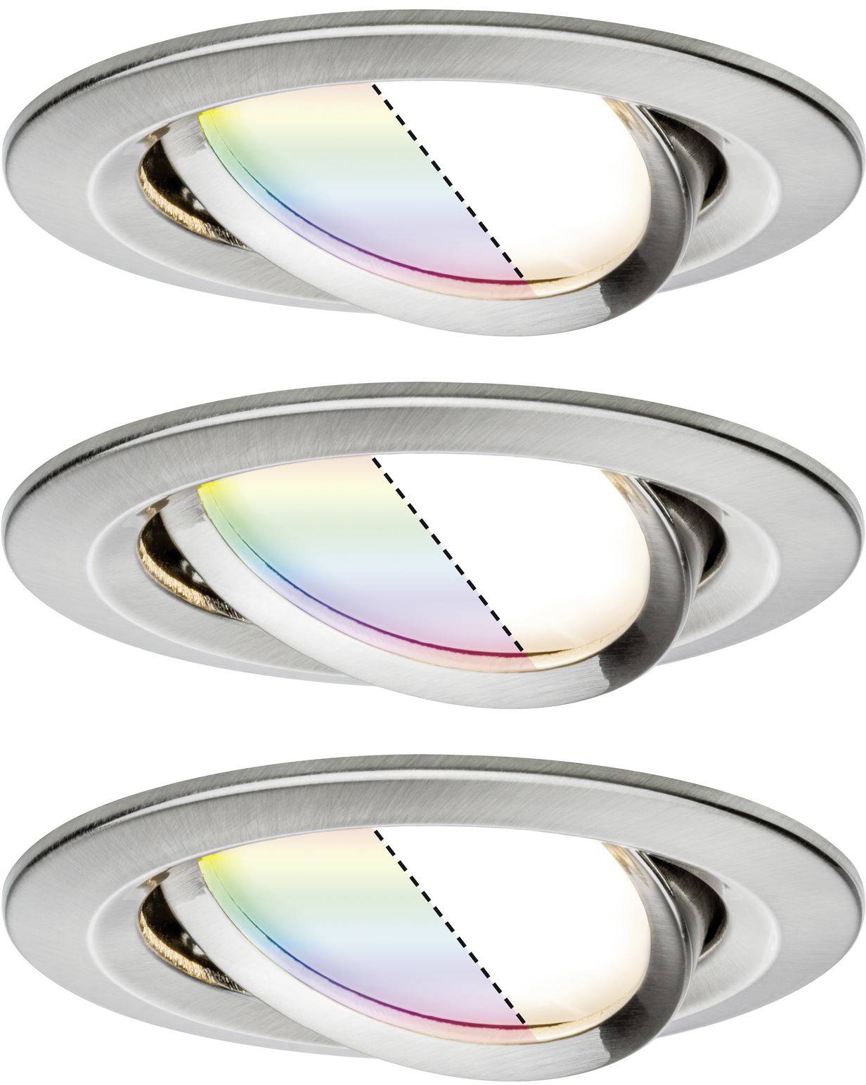 Drei einstellbare Einbaustrahler in Chrom, jeweils mit einem spektralen Verlauf von Farben im Licht, illustriert ihre Flexibilität.