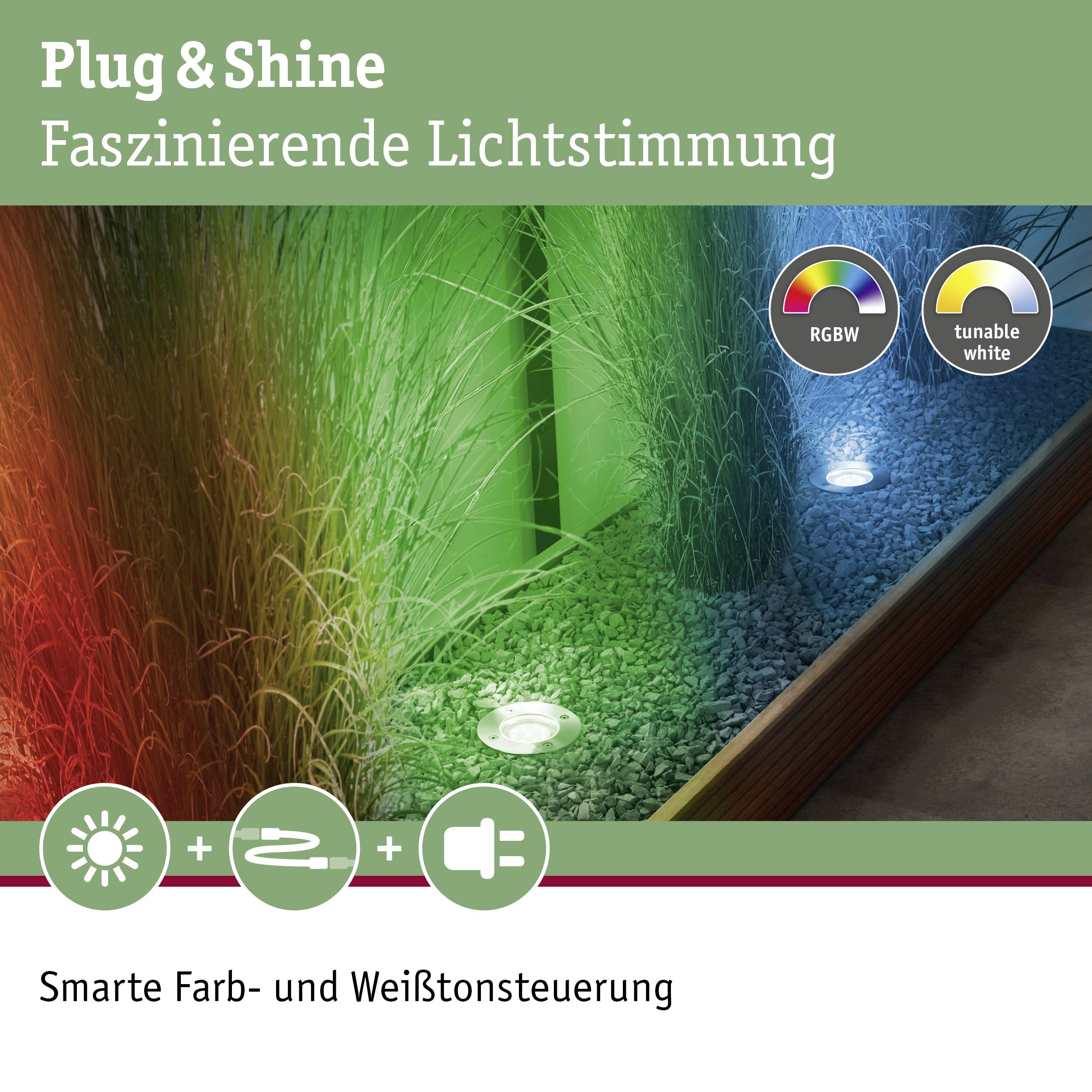 'Plug & Shine: Faszinierende Lichtstimmung' zeigt beleuchtete Pflanzen in verschiedenen Farben. Text unten: 'Smarte Farb- und Weißtonsteuerung'.