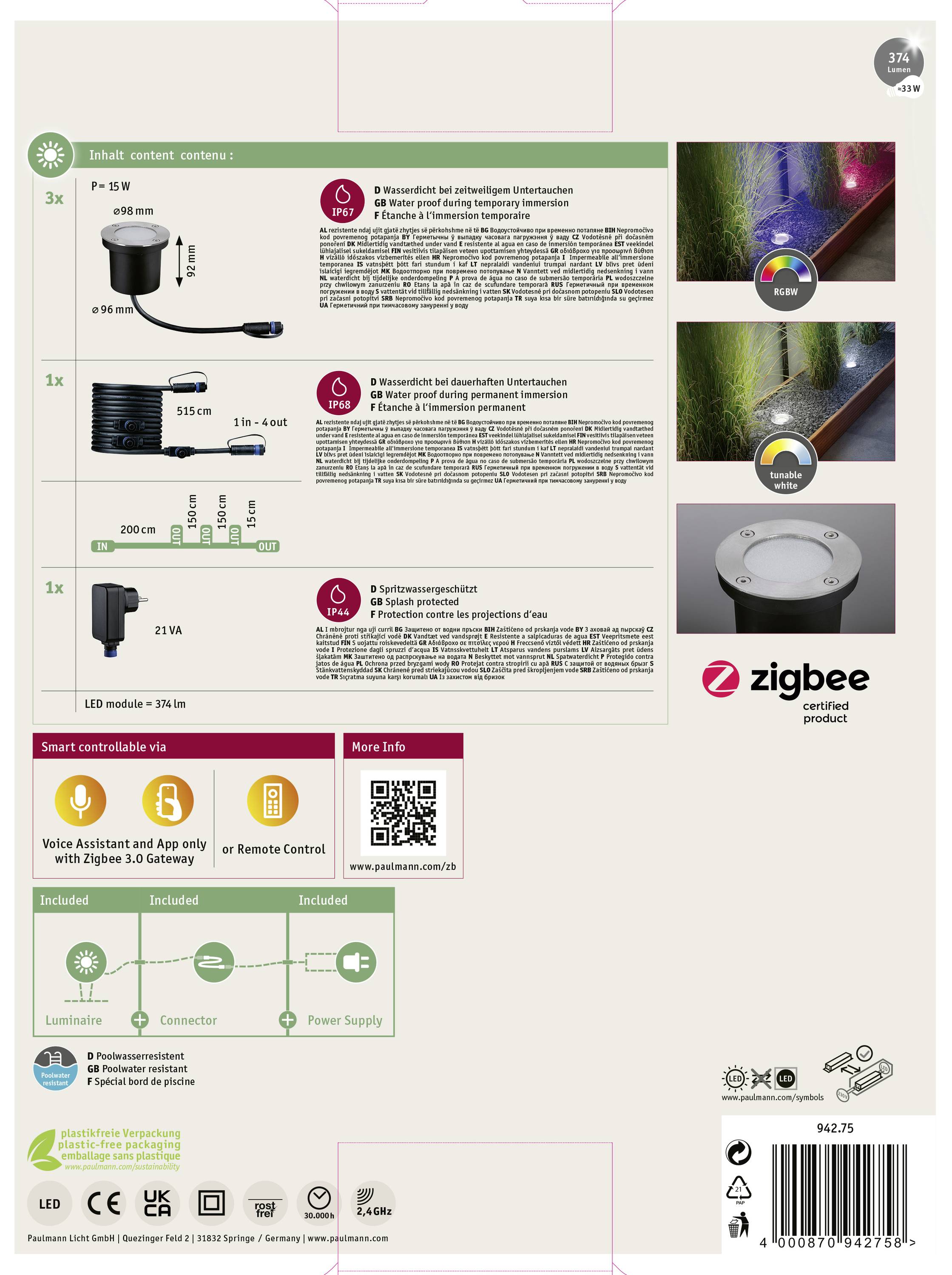 Verpackungsrückseite mit Informationen zu einem LED-Außenlichtset. Enthält technische Daten, Installationsanweisungen und Zigbee-Kompatibilität.