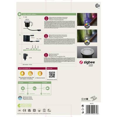 Verpackungsrückseite mit Informationen zu einem LED-Außenlichtset. Enthält technische Daten, Installationsanweisungen und Zigbee-Kompatibilität.