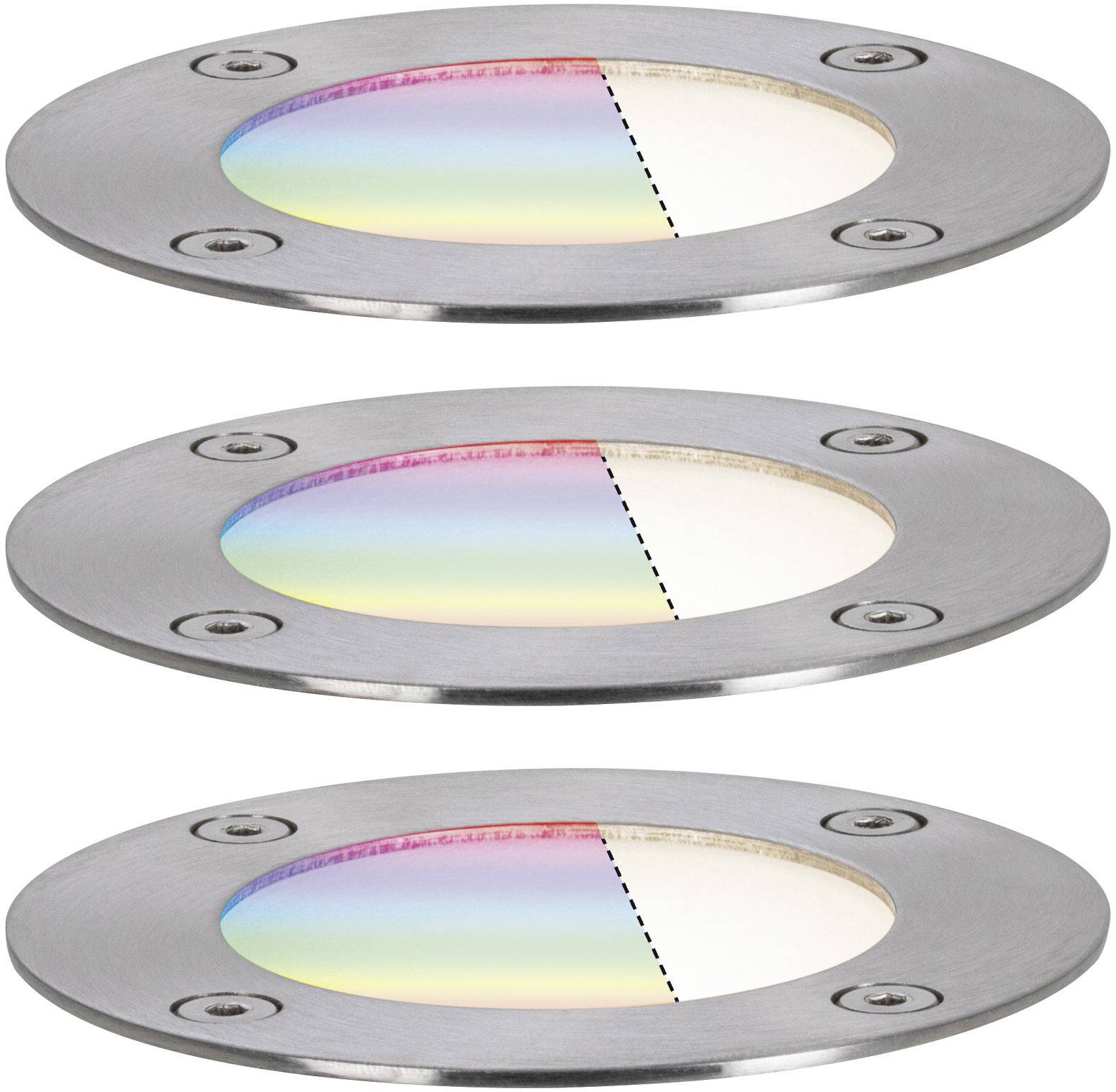 Drei metallene optische Scheiben mit Farbverlauf und Punktlinie in der Mitte, übereinander gestapelt.
