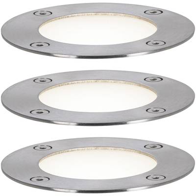 Drei runde, silberne LED-Bodenleuchten mit sichtbaren Schrauben, ideal für stilvolle Außenbeleuchtung.