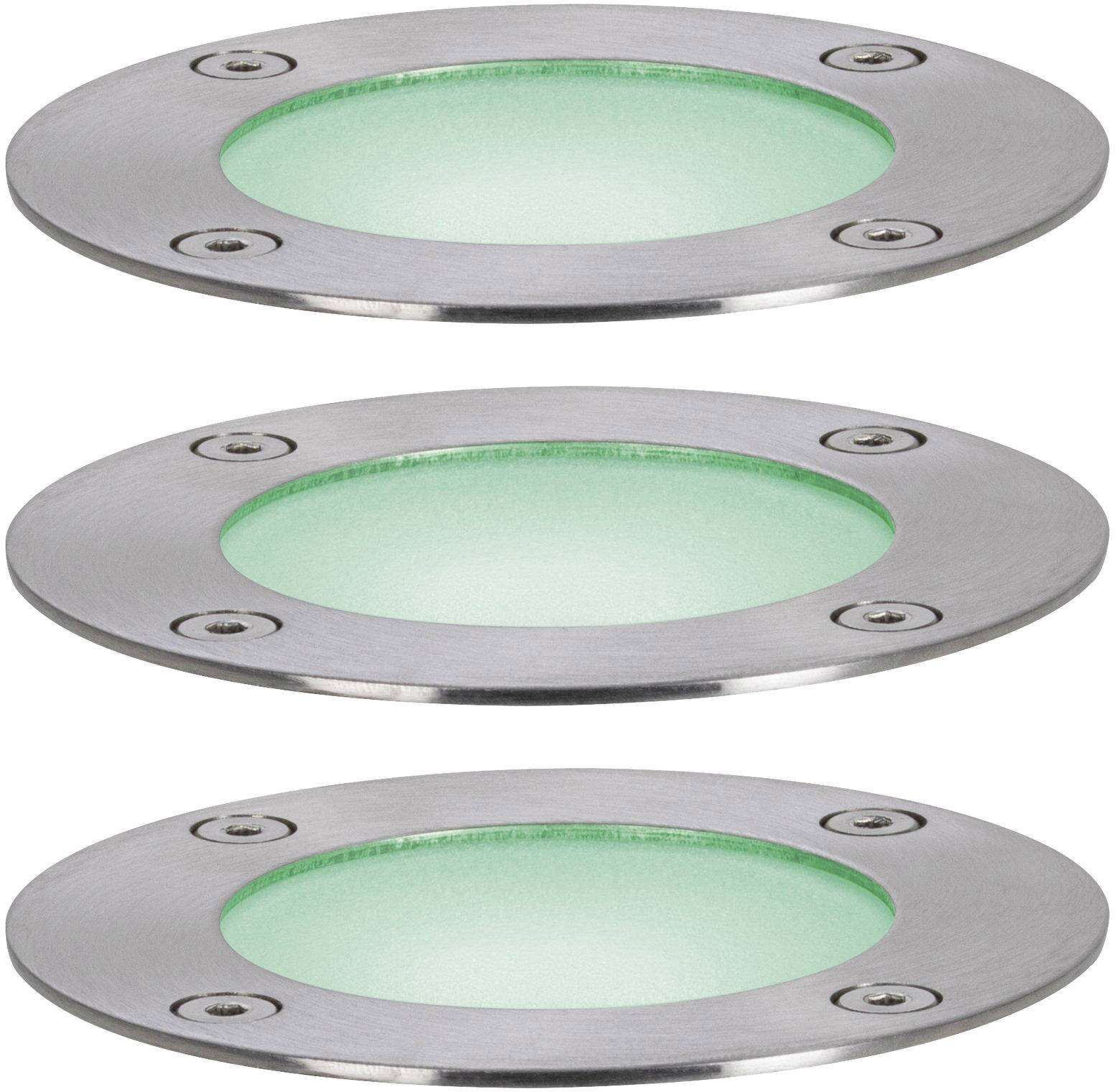 Drei runde, flache Bodenleuchten aus Metall mit grünlichem Licht, in einer vertikalen Anordnung übereinander.