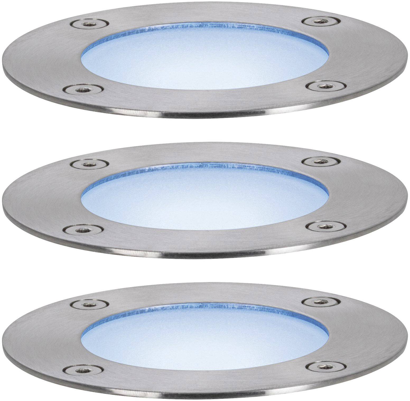 Drei runde, silberne LED-Bodenleuchten mit blauem Licht, gestapelt in vertikaler Anordnung, geeignet für Außenbeleuchtung.