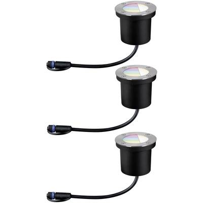 Drei runde, schwarze LED-Lampen mit Kabelanschluss, jeweils aufrecht stehend. Jede Lampe hat einen farbigen Lichtschein an der Oberseite.