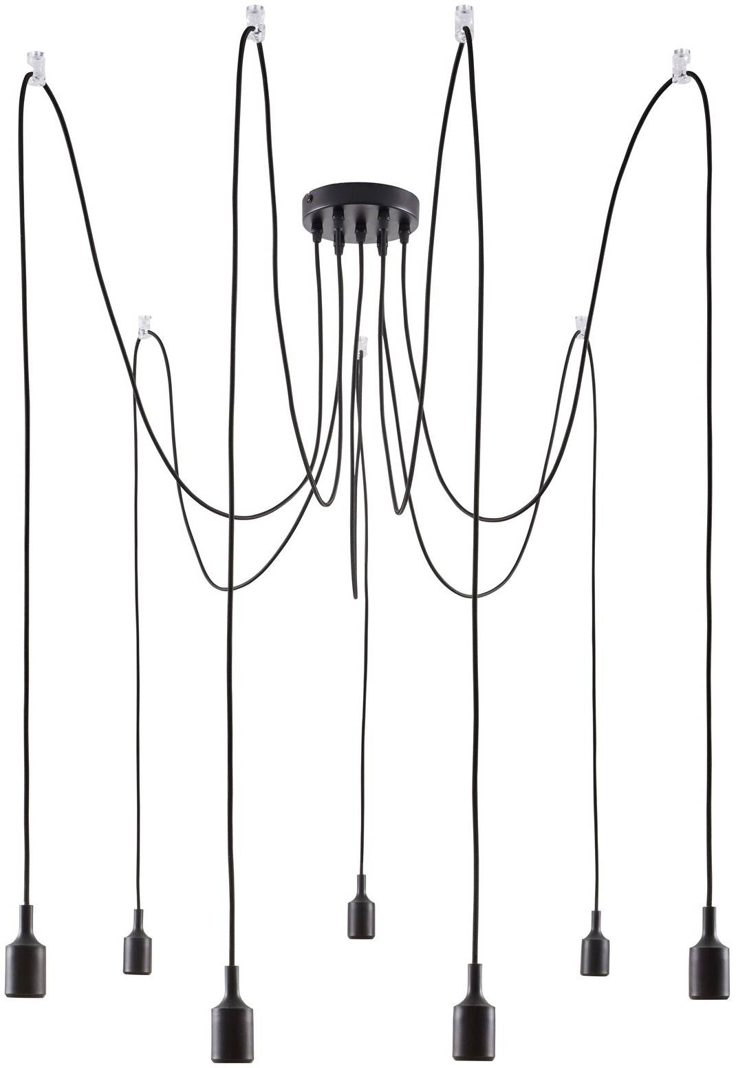 Schwarze Deckenlampe mit mehreren Kabeln, die von der Mitte strahlen und an denen einzelne Glühbirnenfassungen hängen.