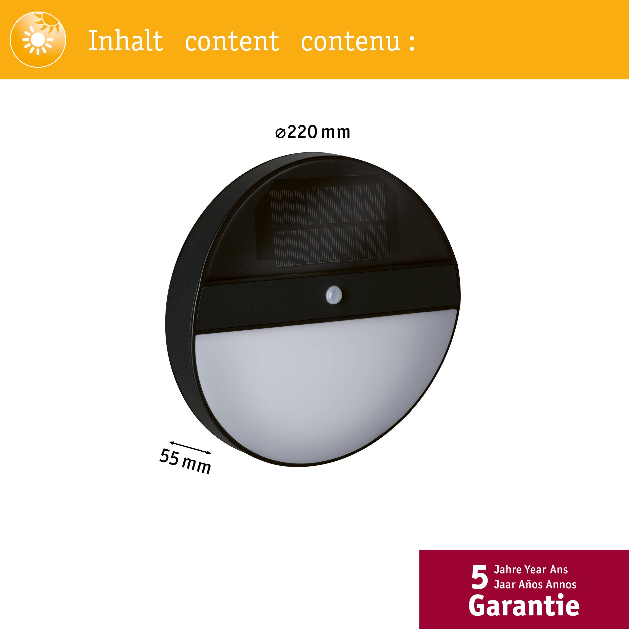 LED-Wandleuchte mit integriertem Solarpanel und Bewegungsmelder, Durchmesser 220 mm, Tiefe 55 mm. Fünf Jahre Garantie.