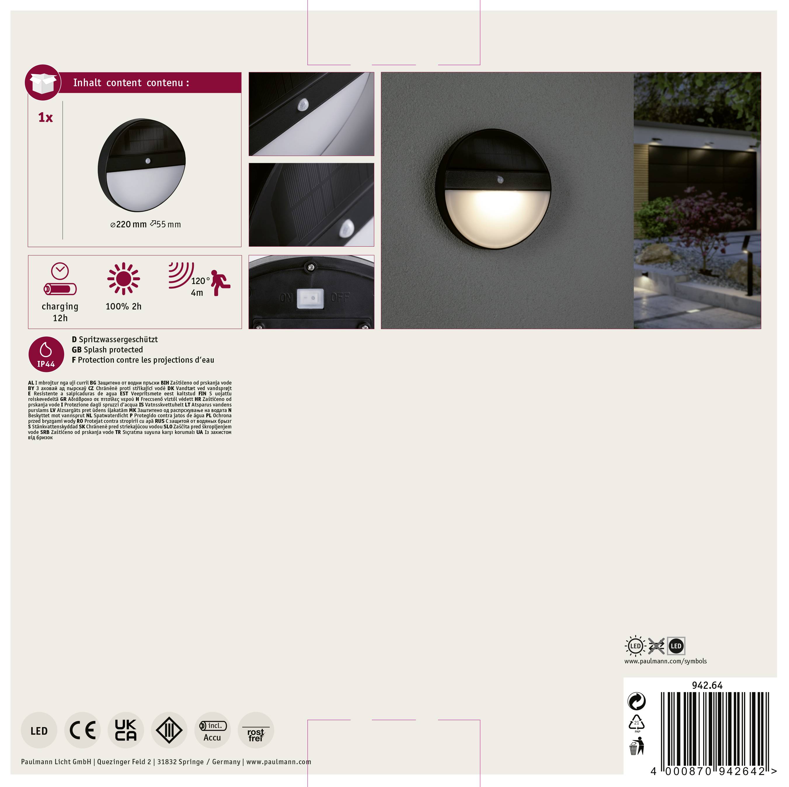 Inhalt der Verpackung: 1x LED-Außenleuchte, wasserdicht (IP65), solarbetrieben, 220 mm Durchmesser, 95 mm Tiefe, lädt in 7 Stunden.