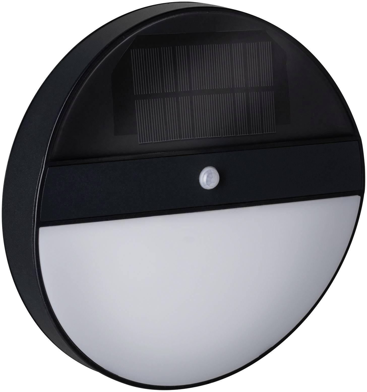 Eine runde Solar-Wandleuchte mit schwarzem Gehäuse und weißem Diffusor, oben mit Solarbatterie und Bewegungsmelder ausgestattet.