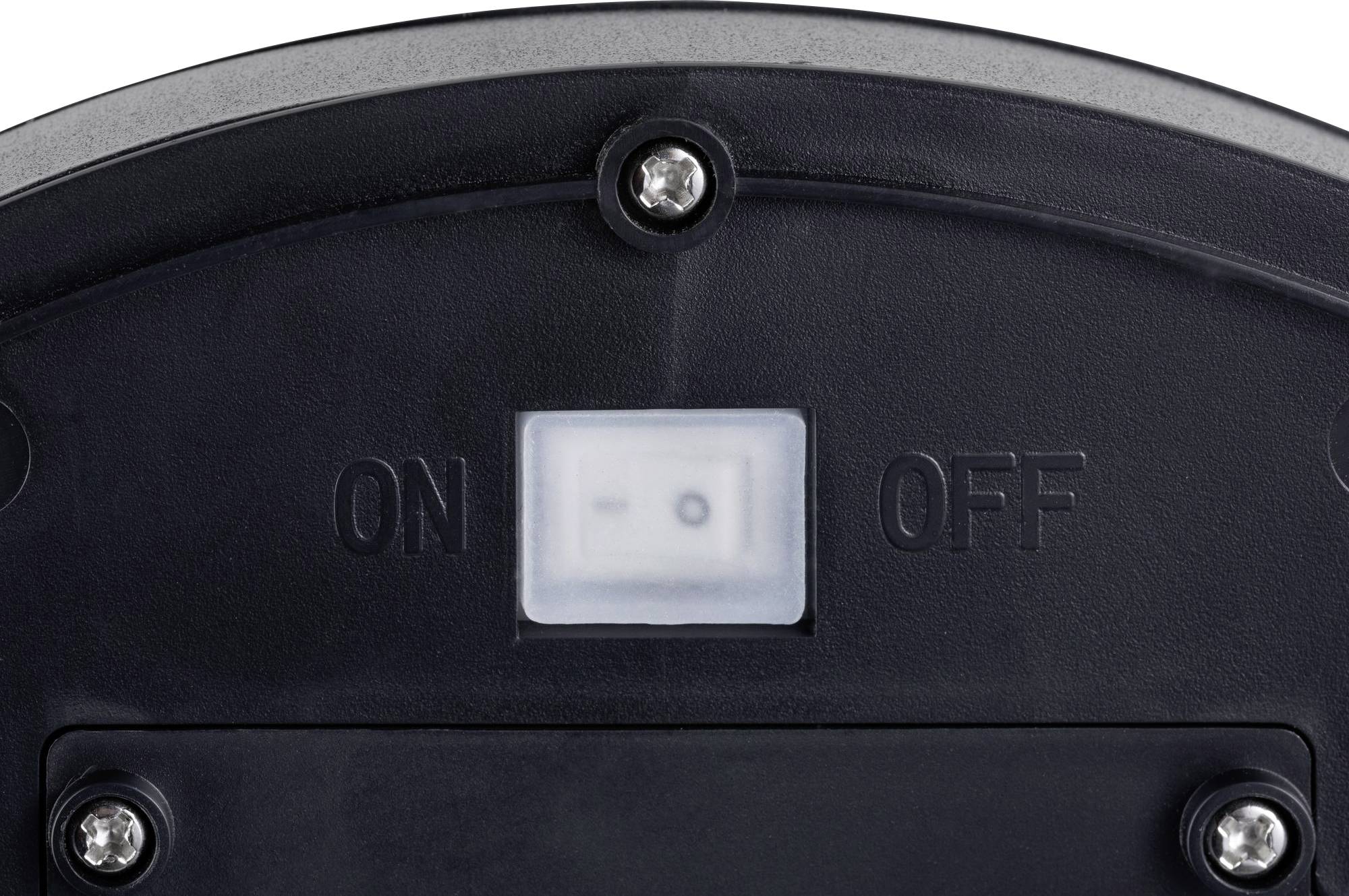 Schwarzer Kippschalter mit zwei Positionen: 'ON' links und 'OFF' rechts. Der Schalter steht in der Position 'OFF'.