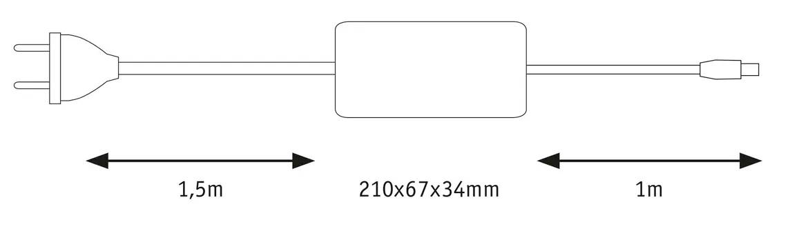 Ein Netzteil mit Steckerkabel links (1,5 m) und Kabel mit Anschluss rechts (1 m); Abmessungen: 210x67x34 mm.