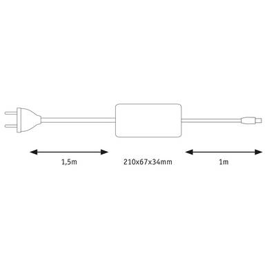 Ein Netzteil mit Steckerkabel links (1,5 m) und Kabel mit Anschluss rechts (1 m); Abmessungen: 210x67x34 mm.