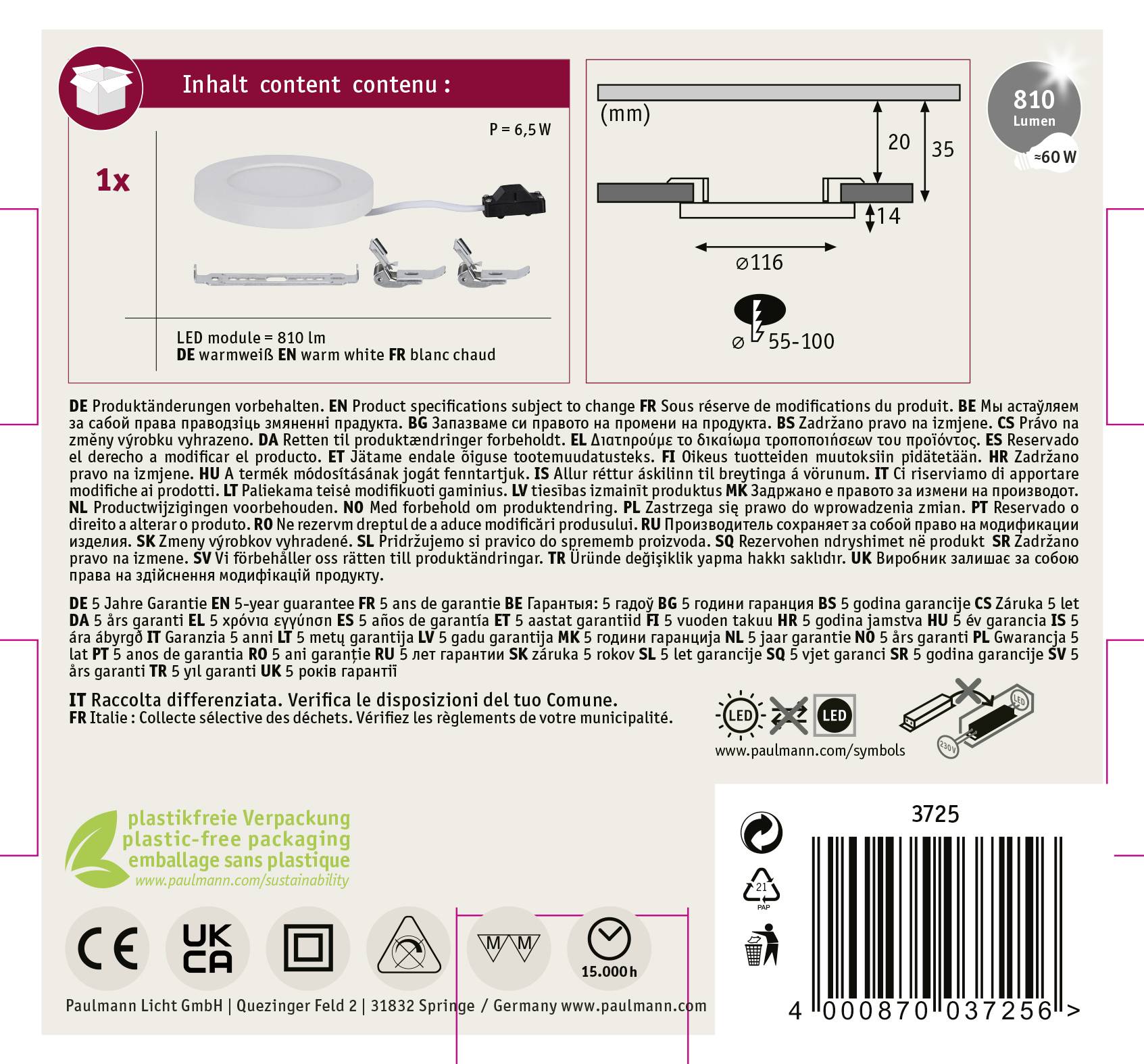 'LED-Band-Set Inhalt' zeigt LED-Streifen, Adapter und Schrauben. Details zur Leistung, Installationshinweise und Recycling-Infos. Verpackung plastikfrei.