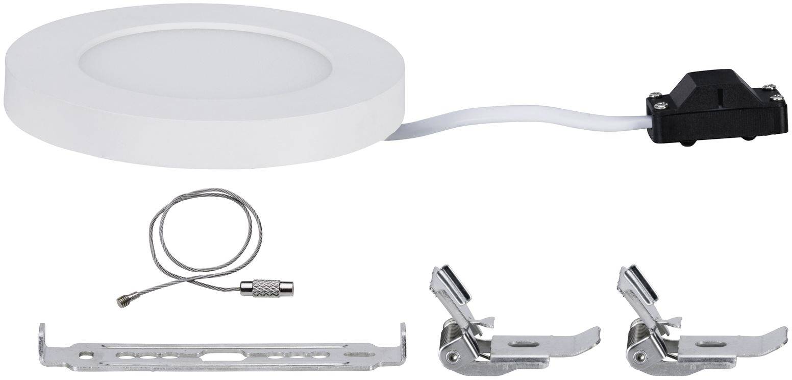 Flaches LED-Einbauleuchten-Set mit Kabelverbindungen und Montagematerial. Ideal für Deckenmontage in modernen Innenräumen.