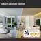 'Smart lighting control' zeigt eine Wohnung im Tages- und Nachtmodus mit integrierter Zigbee-Kompatibilität für Alexa und Google Assistant.