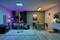 Modernes Wohnzimmer mit stilvollem Interieur: Sofa, Teppich, Pflanzen, Esstisch mit Stühlen; Fenster mit Baumansicht bei Sonnenuntergang.
