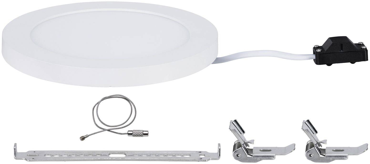 Rundes, weißes LED-Lichtpaneel mit Zubehör zur Deckenmontage. Enthalten sind Halterungen zur Befestigung und elektrisches Kabel.