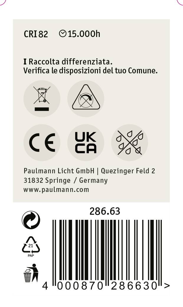 'Energiesparlampe mit 15.000 Stunden Lebensdauer, CRI 82. Entsorgungshinweis, CE- und UKCA-Kennzeichnungen. Herstellerinformationen unten.'