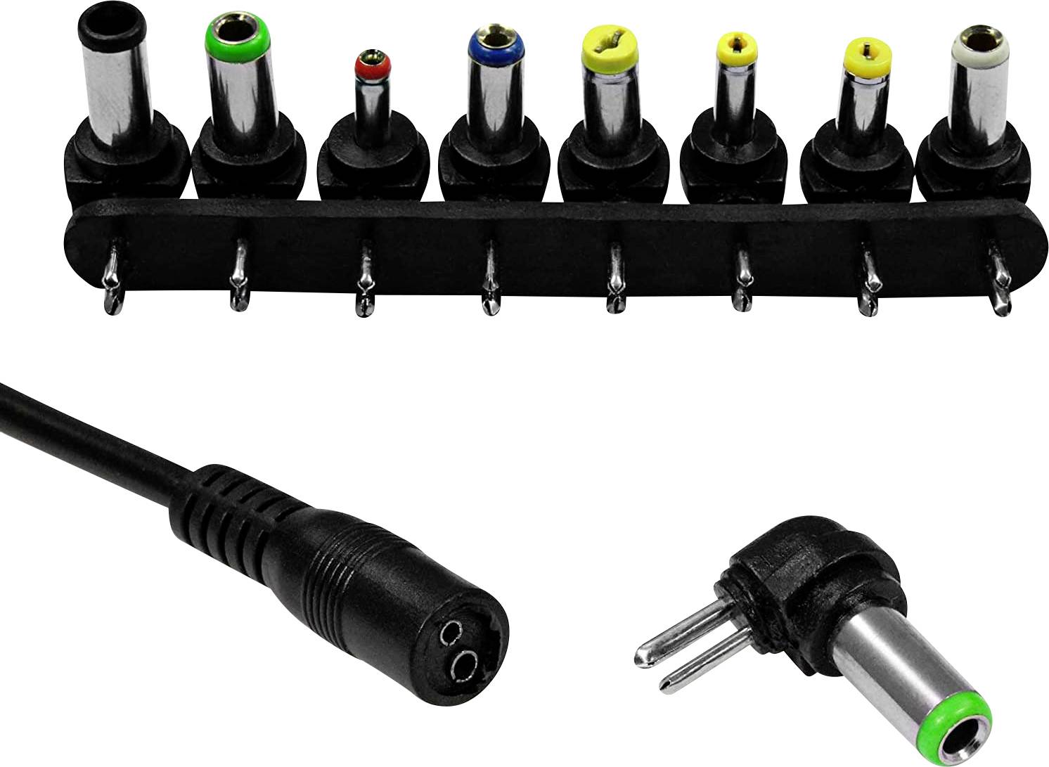 'Mehrfachstecker-Adapter mit sieben verschiedenen Anschlüssen in verschiedenen Größen und Farben für vielseitige Kompatibilität.'