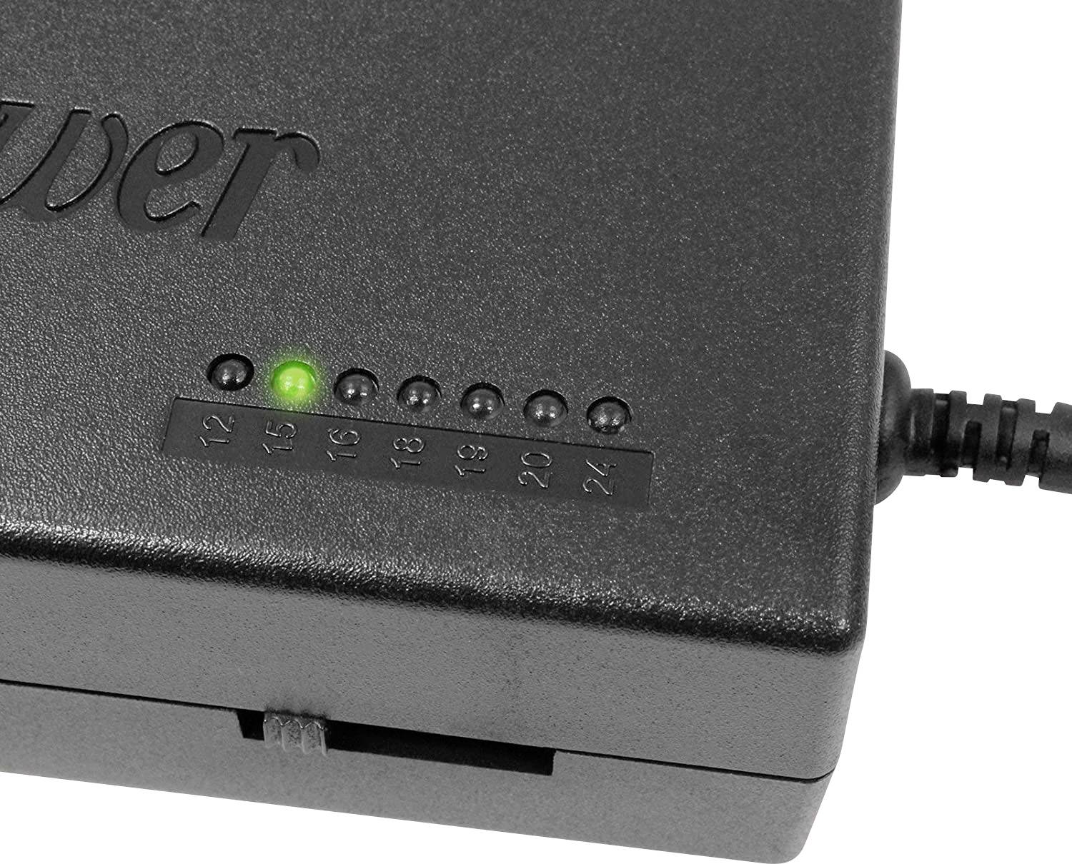 Schwarzes Netzteil mit grün leuchtender LED-Anzeige neben aufgedruckten Zahlen von 12 bis 21, Kabel an der rechten Seite angeschlossen.