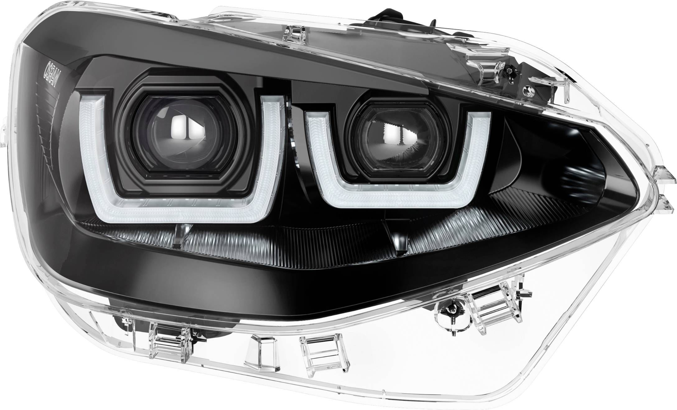 Das Bild zeigt einen modernen Autoscheinwerfer mit zwei leuchtenden LED-Lichtringen, umgeben von einem transparenten Gehäuse.