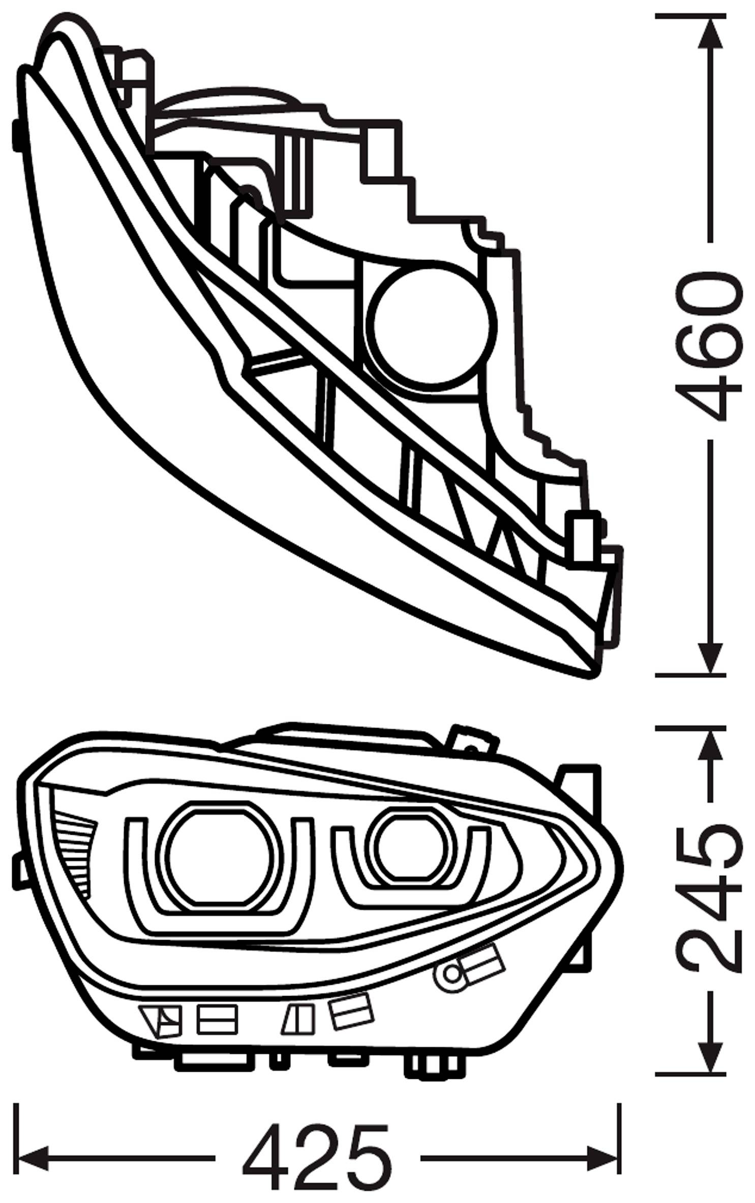 Schwarz-weiß technische Zeichnung eines Fahrzeugscheinwerfers mit Abmessungen: Breite 425 mm, Höhe 245 mm, Tiefe 460 mm.