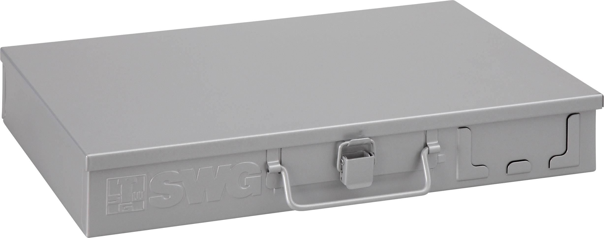 Grauer Metallkoffer mit Tragegriff, links das Logo 'SWG'.
