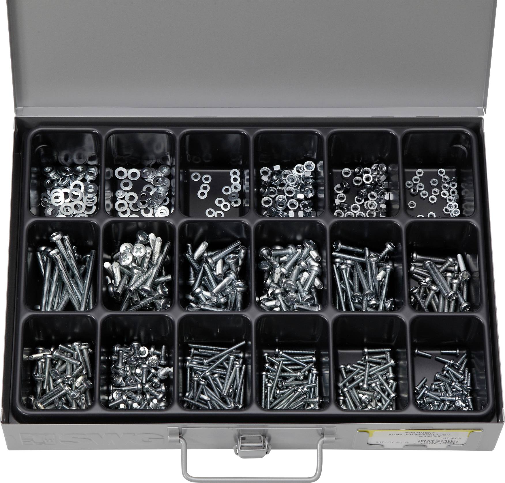 Metallkiste mit 15 Fächern, die verschiedene Schrauben, Muttern und Unterlegscheiben enthält. Ideal für organisierte Aufbewahrung.