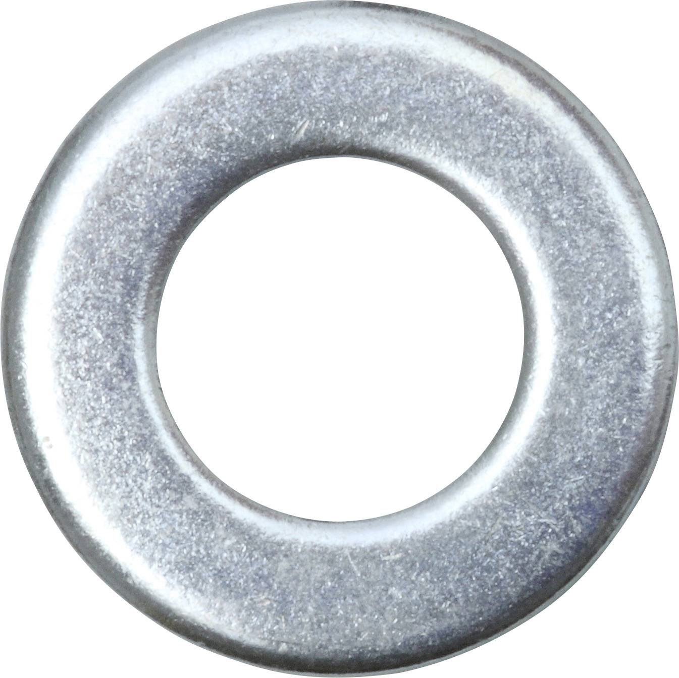 Eine silberne Metallscheibe, vermutlich eine Unterlegscheibe, auf einem weißen Hintergrund.