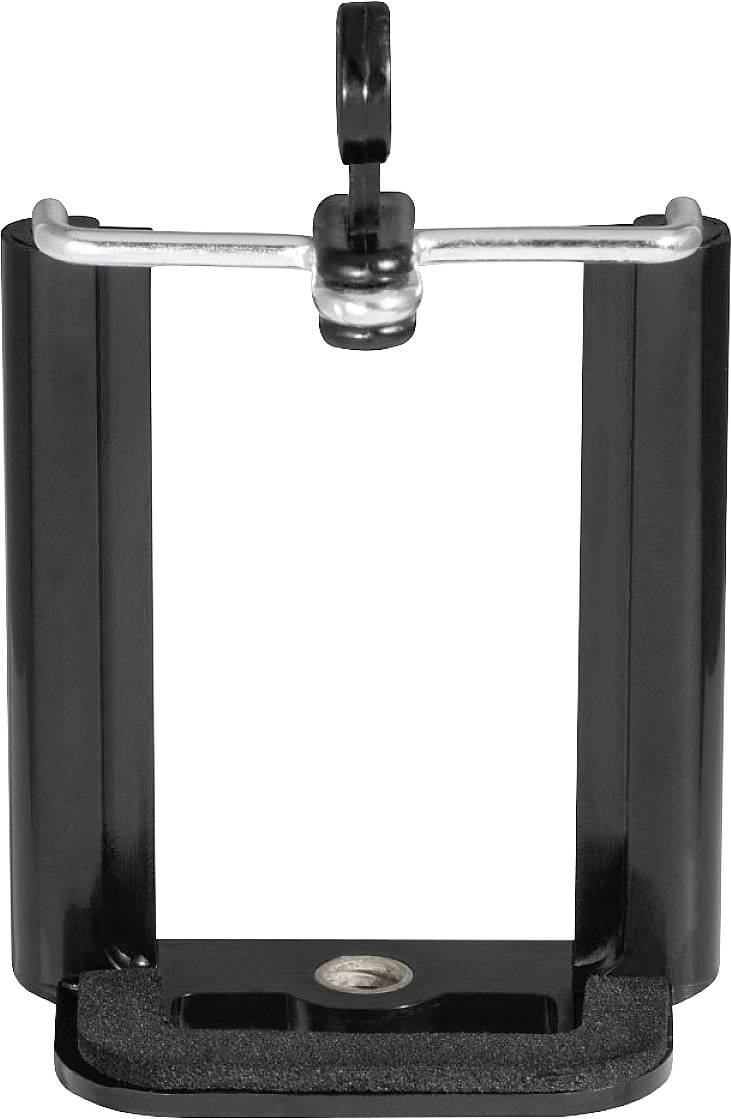 Ein schwarzer Smartphone-Halter, der auf einem Stativ montiert werden kann. Er hat eine Federklemme zur sicheren Befestigung des Geräts.