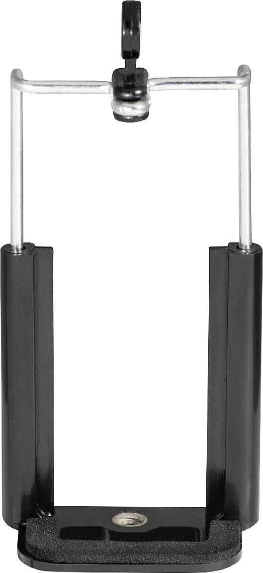 'Schwarzer Smartphone-Halter mit verstellbaren Metallarmen und Befestigungsschraube oben, geeignet für die Montage auf einem Stativ.'