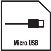Symbol eines Micro-USB-Anschlusses auf schwarzem Hintergrund mit weißem Rand. Text: 'Micro USB'.