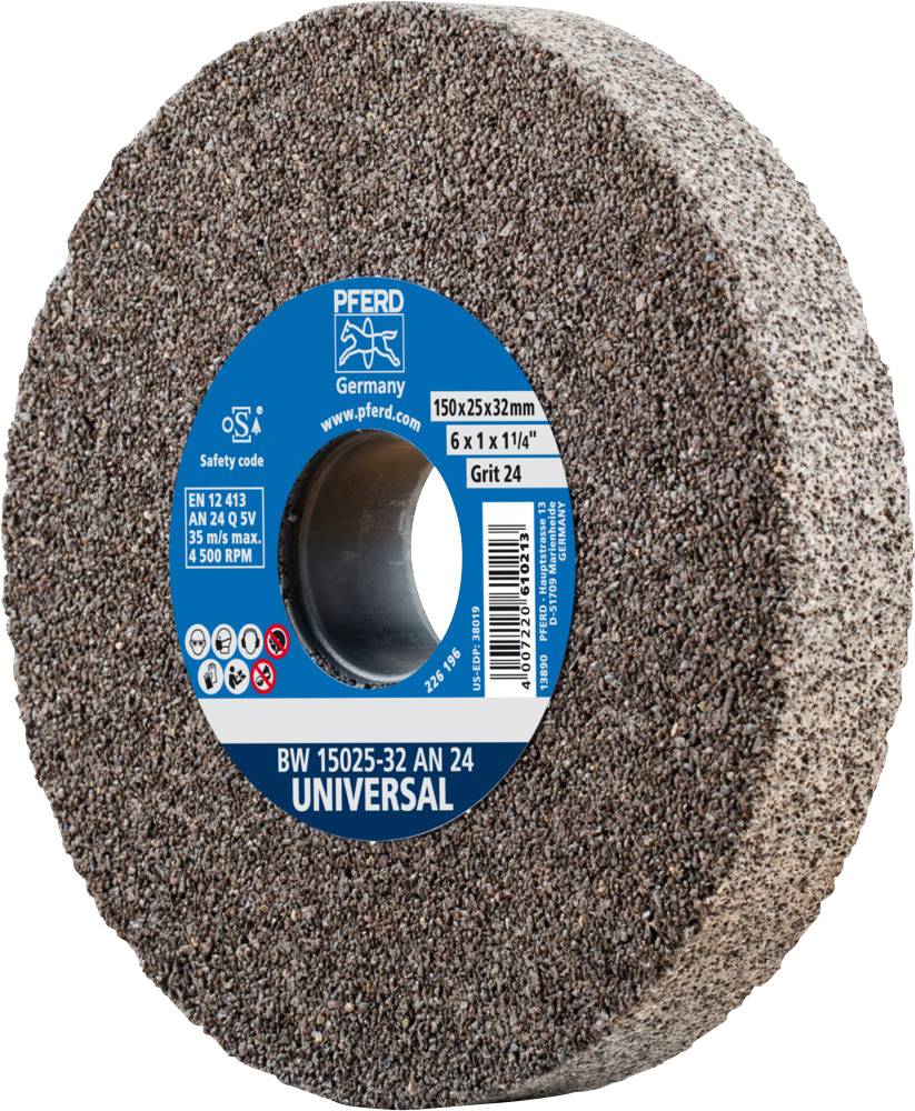 Schleifscheibe von PFERD, Durchmesser 150 mm, Körnung 24, für Universalnutzung. Enthält Sicherheits- und Nutzungshinweise auf dem Etikett.