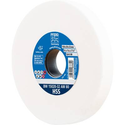 Schleifscheibe der Marke PFERD mit den Maßen 150x20x32 mm, Korn 80, geeignet für HSS. Text auf Etikett: 'Safety Code', '4,500 RPM'.