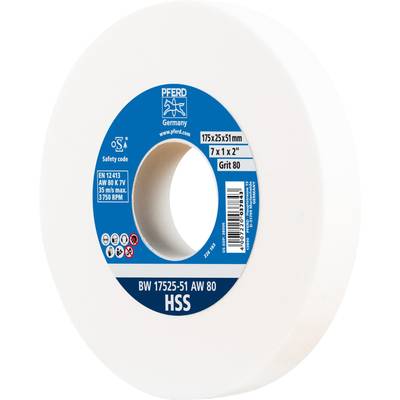 Eine weiße Schleifscheibe mit blauem Etikett, auf dem die Spezifikationen '175x25x51 mm' und 'Grit 80' stehen.