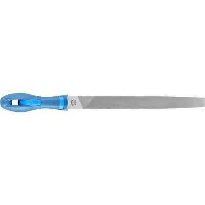 Eine Feile mit blauem Griff und grauer Feilfläche zum Glätten oder Formen von Oberflächen.