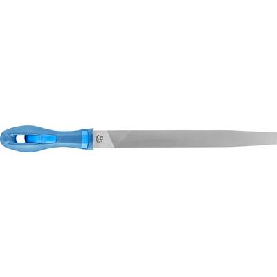 Eine Feile mit blauem Griff, die obere Hälfte ist aus Metall, mit abgeschrägter Kante. Sie wird zum Feilen von Oberflächen verwendet.