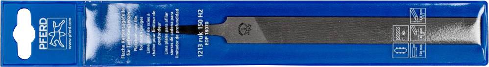 'PFERD Feile 1213 HZ' in blauer Verpackung. Rechteckige Feile mit flachem Profil. Produktinformationen und Markenlogo vorne.