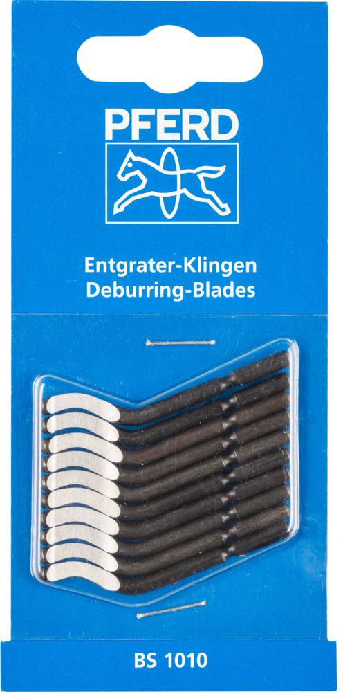 Packung mit zehn Entgrater-Klingen 'PFERD', Modellnummer BS 1010, auf blauem Hintergrund.