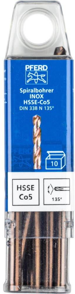 Verpackung mit zehn Spiralbohrern aus HSS-E Co5 Stahl, geeignet für Edelstahlbearbeitung; Kennzeichnung: 'PFERD', Typ INOX, Durchmesser 135°.