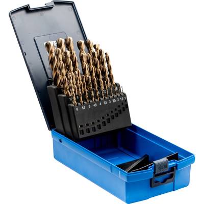 Ein blauer Werkzeugkasten mit verschiedenen Metallbohrern in aufsteigender Größe von 1 bis 10 mm ist offen abgebildet.