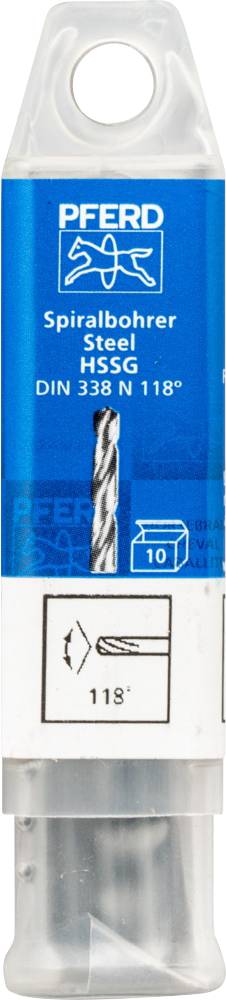 Stahl-Spiralbohrer von "Pferd", DIN 338 N 118°, für Metallarbeiten, Verpackung zeigt Bohrer und technische Details, enthält 10 Stück.