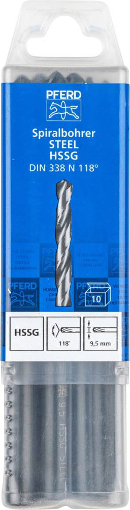Verpackung eines Spiralbohrers aus Stahl, Marke genannt, Norm DIN 338 N 118°. Enthält 10 Stück, Größe 9,5 mm.