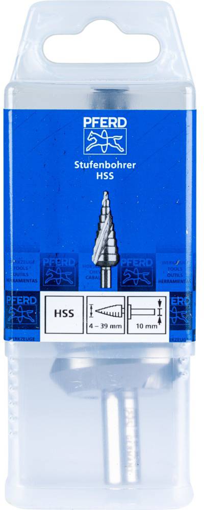 'Verpackung eines Stufenbohrers HSS von PFERD, geeignet für Lochdurchmesser von 4–39 mm und einer Länge von 10 mm.'