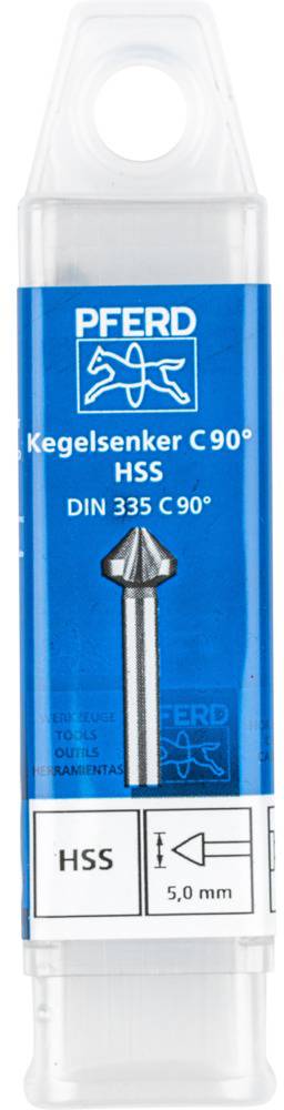 Kegelsenker C 90° HSS von PFERD, DIN 335 C 90°, Größe: 5,0 mm, in transparenter Verpackung.