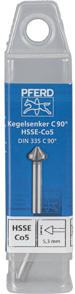 Verpackung für Kegelsenker von Marke 'Pferd', Typ C 90°, HSS-Co5, DIN 335, Bohrergröße 5,3 mm, in einer transparenten Kunststoffhülle.